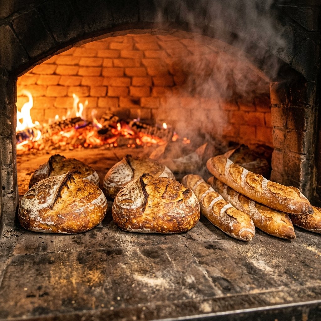 Breads baking in deck oven